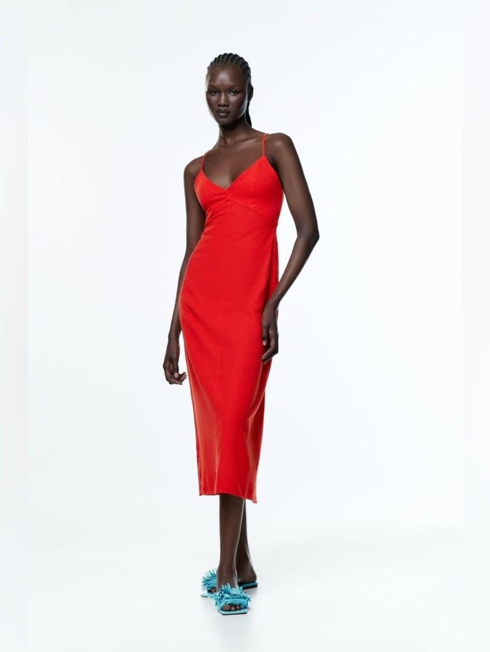 Zara Linen Blend Camisole Midi Slip Dress Orange Red Buttons Sz M Fall Capsule